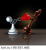 Knock out business concept or knocking and punching symbol as a secret weapon with a chess pawn beating the king piece with a hidden red boxing glove as a 3D illustration. Стоковое фото, агентство Ingram Publishing / Фотобанк Лори