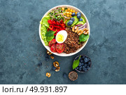 Buddha bowl dinner with boiled egg, chickpea, fresh tomato, sweet pepper, cucumber, savoy cabbage, red onion, green sprouts, spinach leaves, blueberry, walnuts, chia and quinoa. Healthy dish, lunch bowl. Detox diet. Balanced food. Top view. Стоковое фото, агентство Ingram Publishing / Фотобанк Лори