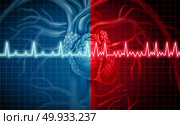 Atrial fibrillation and normal or abnormal heart rate rythm concept as a cardiac disorder as a human organ with healthy and unhealthy ecg monitoring in a 3D illustration style.. Atrial Fibrillation. Стоковое фото, агентство Ingram Publishing / Фотобанк Лори