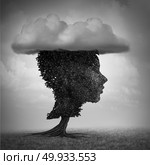 Psychology of child depression and childhood sorrow concept as a deprerssed kid shaped as a tree with a cloud as a psychological metaphor forsadness with 3D illustration elements.. Psychology Of Child Depression. Стоковое фото, агентство Ingram Publishing / Фотобанк Лори