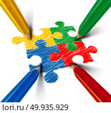 Autism awareness developmental disorder puzzle children symbol as an autistic symbol as jigsaw pieces being drawn with color pencil as a 3D illustration.. Autism Awareness. Стоковое фото, агентство Ingram Publishing / Фотобанк Лори