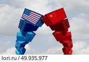 US China trade war and United States or American tariffs as two groups of opposing cargo containers as an economic  taxation dispute over import and exports concept as a 3D illustration.. US China Trade War. Стоковое фото, агентство Ingram Publishing / Фотобанк Лори