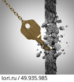 Key discovery business breakthrough success concept as an opening tool breaking an obstacle with 3D illustration elements.. Key Discovery. Стоковое фото, агентство Ingram Publishing / Фотобанк Лори
