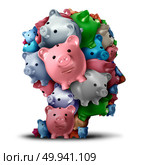 Bank strategy and retirement fund or estate planning financial symbol as a group of piggy banks shaped as a head as a banking or investor customer as a 3D illustration. Стоковое фото, агентство Ingram Publishing / Фотобанк Лори