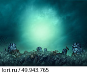 Haunted cemetery and spooky cemeteries halloween scary and creepy glowing background with copyspace for text with 3D illustration elements. Стоковое фото, агентство Ingram Publishing / Фотобанк Лори