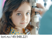 A young girl focused on observing an unknown object or sight, displaying curiosity and interest. Стоковое AI-изображение, AI-художник Данила Большаков / Фотобанк Лори