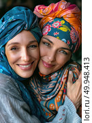 Two women, both wearing headscarves, are embracing each other in a hug. Стоковое AI-изображение, AI-художник Данила Большаков / Фотобанк Лори