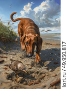 A brown dog observing a small bird as it pecks at the sand on a sunny beach with seagulls overhead. Стоковое AI-изображение, AI-художник Данила Большаков / Фотобанк Лори