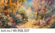 Painting of narrow path winding through a dense forest, with tall trees, dappled sunlight, and fallen leaves creating a serene atmosphere. Стоковое AI-изображение, AI-художник Данила Большаков / Фотобанк Лори