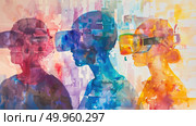 Three stylized silhouettes with vivid colors face each other, sporting different styles of glasses, set against a splashy, abstract backdrop. Стоковое AI-изображение, AI-художник Данила Большаков / Фотобанк Лори
