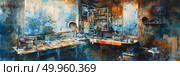 A panoramic view of an artists studio filled with colorful palettes, canvases, brushes, and a creative atmosphere. Стоковое AI-изображение, AI-художник Данила Большаков / Фотобанк Лори