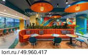 A bright and stylish lounge featuring an eye-catching wall mural, contemporary orange sofa, and eclectic lighting fixtures. Стоковое AI-изображение, AI-художник Данила Большаков / Фотобанк Лори