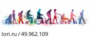 A group of individuals in a line, each sitting in a wheelchair, during an event or activity. Стоковое AI-изображение, AI-художник Данила Большаков / Фотобанк Лори