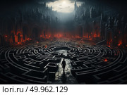 A man stands in the center of a maze constructed within a room. The complex design creates a puzzling environment for the individual. Стоковое AI-изображение, AI-художник Данила Большаков / Фотобанк Лори