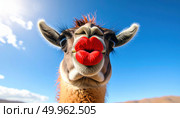Llama with exaggerated red lips against blue sky used for humorous content, social media trends, and playful visual storytelling in digital culture. Стоковое AI-изображение, AI-художник Ольга Сухарева / Фотобанк Лори