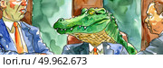 A man wearing a suit and tie stands confidently in a crocodile mask. Стоковое AI-изображение, AI-художник Данила Большаков / Фотобанк Лори