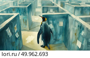 A penguin is depicted in a maze, navigating through the winding pathways in search of an exit. Стоковое AI-изображение, AI-художник Данила Большаков / Фотобанк Лори