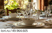A formal dining table adorned with wine glasses, silverware, and elegant tableware set for a luxurious dinner. Стоковое AI-изображение, AI-художник Данила Большаков / Фотобанк Лори