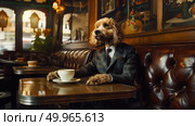 A dog dressed in a suit sitting at a table, holding a cup of coffee. Стоковое AI-изображение, AI-художник Данила Большаков / Фотобанк Лори