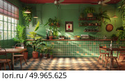 A restaurant interior featuring a checkered floor and green walls, creating a vibrant and classic ambiance for diners. Стоковое AI-изображение, AI-художник Данила Большаков / Фотобанк Лори