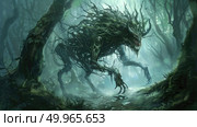 Eerie strange creature navigating through the thick foliage of a forest, blending in seamlessly with its surroundings. Стоковое AI-изображение, AI-художник Данила Большаков / Фотобанк Лори