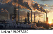 A factory emitting smoke from its stacks, polluting the air with industrial emissions. Стоковое AI-изображение, AI-художник Данила Большаков / Фотобанк Лори