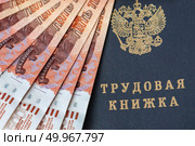 Трудовая книжка и российские пятитысячные банкноты. Стоковое фото, фотограф Евгения Золкина / Фотобанк Лори