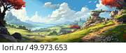 Serenity Unveiled: A Majestic Landscape Beckons With Towering Trees and Enigmatic Rock Formations. Стоковое AI-изображение, AI-художник Данила Большаков / Фотобанк Лори
