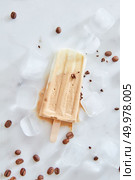 Gelato pops with mascarpone, milk chocolate and tiramisu ingredients with coffee beans on a wooden stick on stone iced table, top view. Tiramisu popsicles ice cream with coffee beans on a wooden stick over marble background, top view. Стоковое фото, агентство Ingram Publishing / Фотобанк Лори