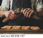 Close-up of a baker man holding fresh halves of a baguette with a poppy. baker man holding fresh halves of a baguette. Стоковое фото, агентство Ingram Publishing / Фотобанк Лори