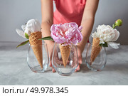 Glass vases in a woman hands with gentle pink and white peony flowers on a gray concrete table, place for text.. Woman hold a glass cup with beautiful pink flower pion in her hand above gray stone table. Стоковое фото, агентство Ingram Publishing / Фотобанк Лори