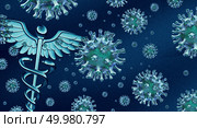 Flu outbreak and influenza pandemic medical health concept as a caduceus on a background of  disease cells as a 3D illustration. Стоковое фото, агентство Ingram Publishing / Фотобанк Лори