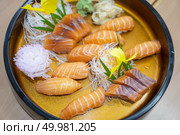 Sashimi salmon set, raw fish, japanese food.(Selective focus) Стоковое фото, агентство Ingram Publishing / Фотобанк Лори