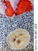 Overnight chia seeds pudding with strawberries and bananas puree in glass jar. Health concept, omega 3 product. Close up. Chia seed parfait made with strawberries, banana and yogurt macro photo. Стоковое фото, агентство Ingram Publishing / Фотобанк Лори