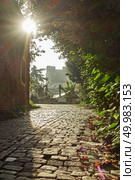 A street with old traditional houses and a cobblestone road in Istanbul, Turkey. Street with old traditional houses and filigree sidewalk. Стоковое фото, агентство Ingram Publishing / Фотобанк Лори