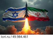 Israel Iran conflict. Exchange of missile strikes. Launch of cruise missile against the background of national flags of these countries. AI generative. Стоковое AI-изображение, AI-художник Роман Дзюбало / Фотобанк Лори