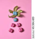 Delicious macaroons pink, blue in the form of a pyramid on a pastel pink background with place under text. Top view.. Multicolored homemade macaroons pattern on a pink background Modern creative pattern of food. Стоковое фото, агентство Ingram Publishing / Фотобанк Лори
