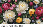 Vibrant floral still life a realistic and impressionistic arrangement of roses and peonies against a dark background. Стоковое AI-изображение, AI-художник Андрей Бакусов / Фотобанк Лори