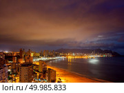 Benidorm beaches and skyscrapers at evening, known throughout Europe as Spanish major tourist destination with thousands of visitors a year.. View of Benidorm at night. Стоковое фото, агентство Ingram Publishing / Фотобанк Лори