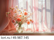 Soft Pastel Floral Arrangement with Sunlit Pink Curtains for Vintage 90s Home Decor. Стоковое AI-изображение, AI-художник Александра Конопля / Фотобанк Лори