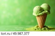 Artistic highresolution photograph of a minimalist ice cream cone with matchaflavored scoops and green powder on a textured gradient background. Стоковое AI-изображение, AI-художник Андрей Бакусов / Фотобанк Лори