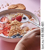 Woman hands hold the spoon with appetizing healthy granola dessert with pieces of strawberries, cream , oat flakes above the ceramic bowl on a pink background. Female hand takes the spoon with organic yogurt smoothie , strawberries, blueberry, oat flakes, nuts - fruit dessert on a pink background. Стоковое фото, агентство Ingram Publishing / Фотобанк Лори