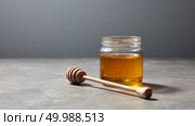 Aromatic fresh natural honey with dipper in a glass pot on a gray stone background, place under text. Rosh hashanah jewish concept. Traditional healthy swetnees.. Sweet dessert - organic natural honey in a glass jar with wooden stick on a gray stone table. Jewish New Year healthy holiday. Стоковое фото, агентство Ingram Publishing / Фотобанк Лори