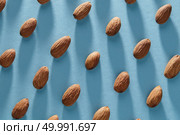Flat lay close up composition with almonds nuts in in clear and diagonally symmetrical rows isolated on a blue background with soft shadows.. Flat lay view of the pattern of almonds in clear and diagonally rows on a blue background with shadows. Стоковое фото, агентство Ingram Publishing / Фотобанк Лори