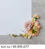 White copy space with flowers represented on grey background. White copy space may be used for any ideas, emotions. Valentine’s Day concept.. White copy space on grey background. Стоковое фото, агентство Ingram Publishing / Фотобанк Лори