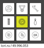 medal , compass , skype , wifi , behance , sports , games , fitness , athletics , football , bodybuilding , snooker , ball , cricket , tennis , stopwatch , golf  , social , media , icon, vector, design,  flat,  collection, style, creative,  icons. Стоковая иллюстрация, агентство Ingram Publishing / Фотобанк Лори