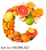Vitamin C as citrus text concept as a group of fruit with oranges lemons lime tangerines and grapefruit as a symbol of healthy eating and immune system boost isolated in a 3D illustration style. Стоковое фото, агентство Ingram Publishing / Фотобанк Лори