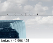 Business group risk on a tightrope or high wire over a waterfall in a 3D illustration style. Стоковое фото, агентство Ingram Publishing / Фотобанк Лори