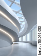Modern architectural interior with curved lines and skylights. Стоковое AI-изображение, AI-художник Юрий Поздников / Фотобанк Лори