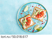 Toasts with feta cheese, tomatoes, avocado, pomegranate, pumpkin seeds and flaxseed sprouts. Diet breakfast. Delicious and healthy food. Flat lay. Top view. Стоковое фото, агентство Ingram Publishing / Фотобанк Лори